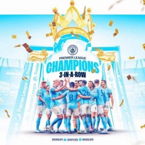 Ảnh áp phích CLB Man City đăng lên chúc mừng chức vô địch mùa thứ 3 liên tiếp.